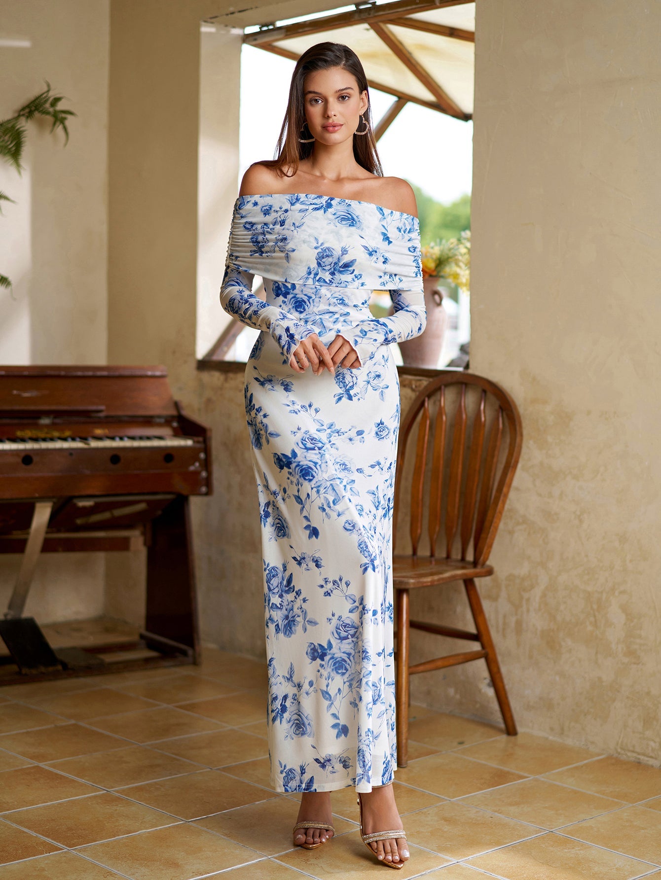 Flounce Sleeve Off Shoulder Mesh Bodycon Dress