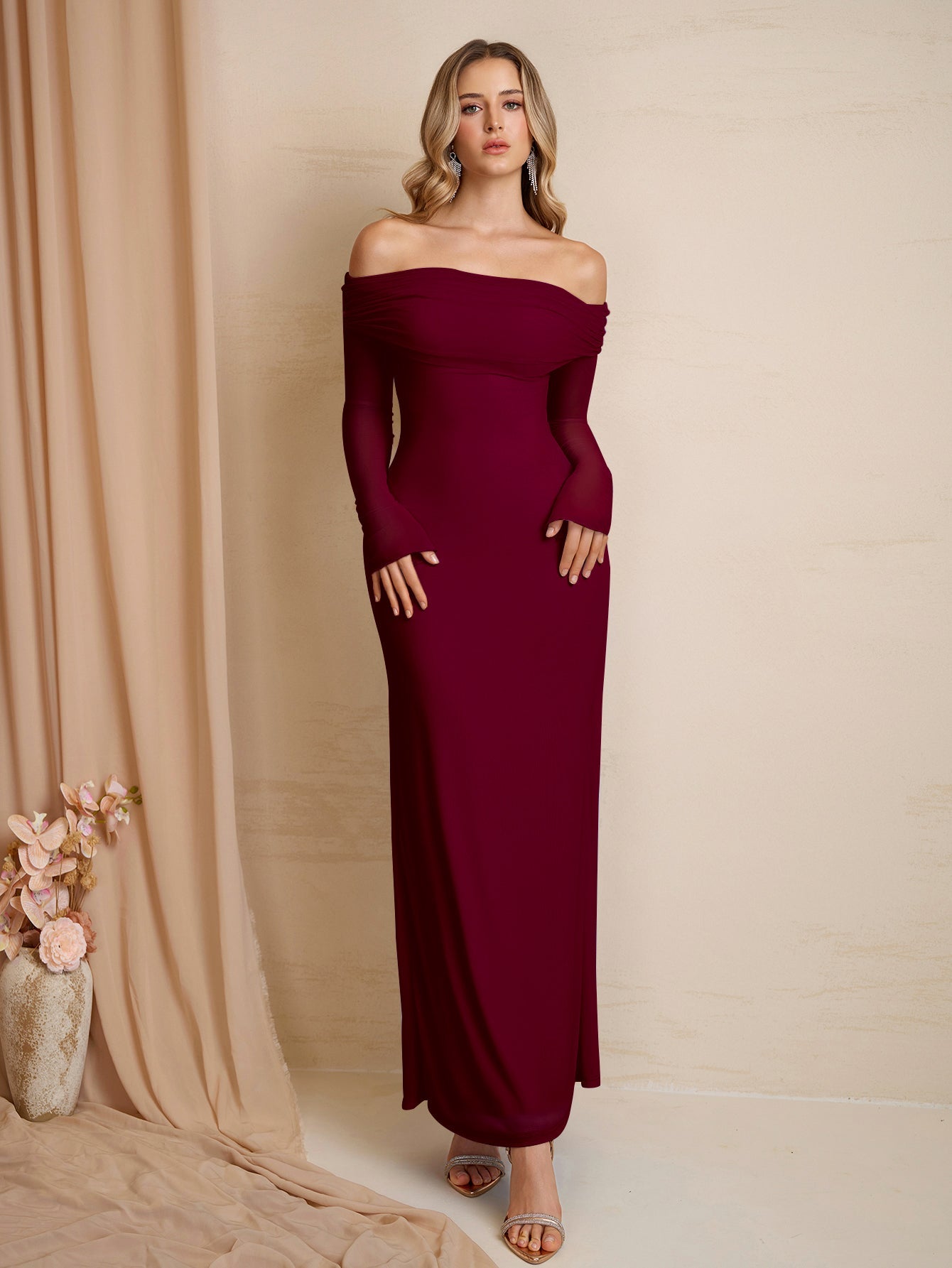 Flounce Sleeve Off Shoulder Mesh Bodycon Dress