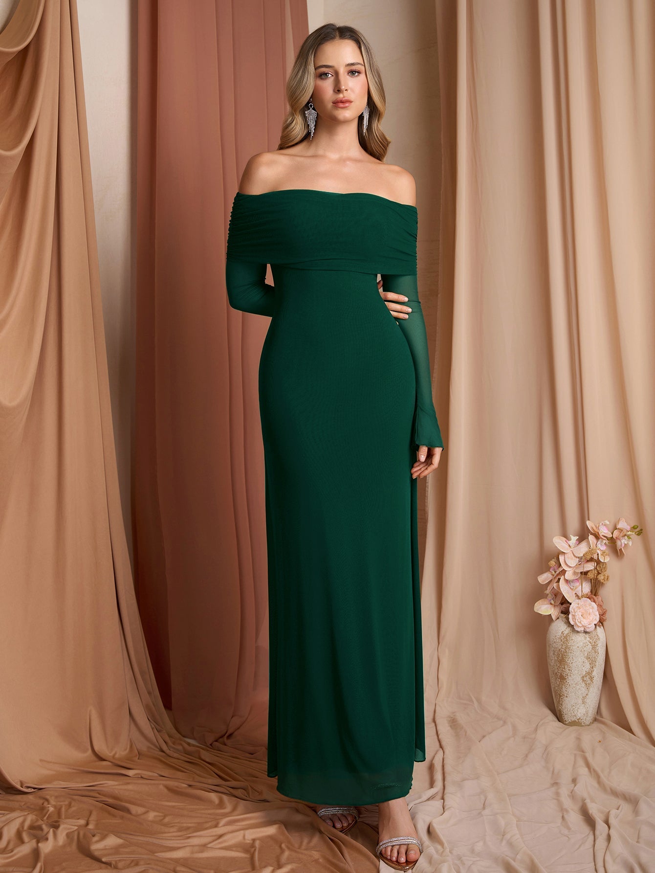 Flounce Sleeve Off Shoulder Mesh Bodycon Dress