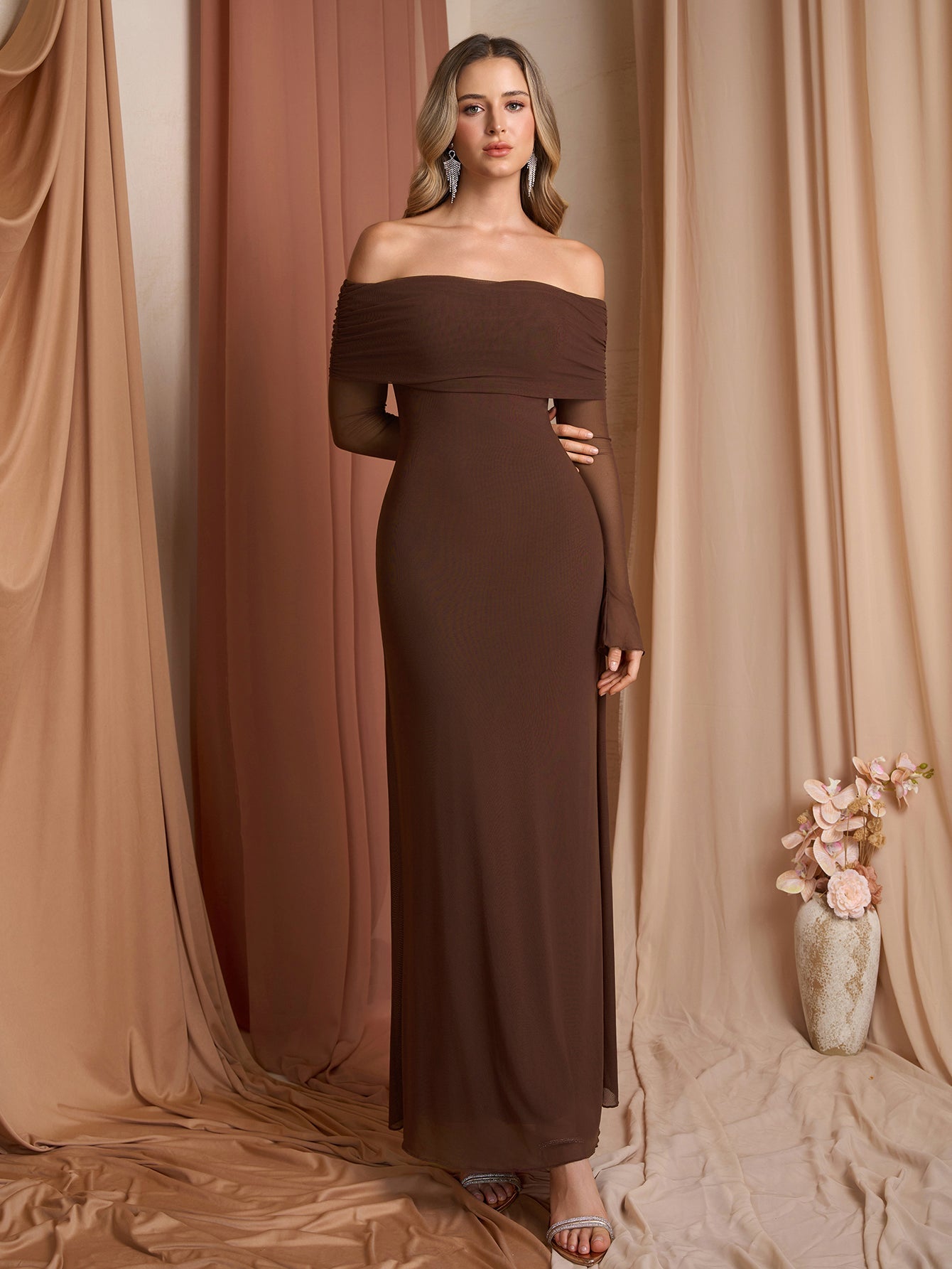 Flounce Sleeve Off Shoulder Mesh Bodycon Dress