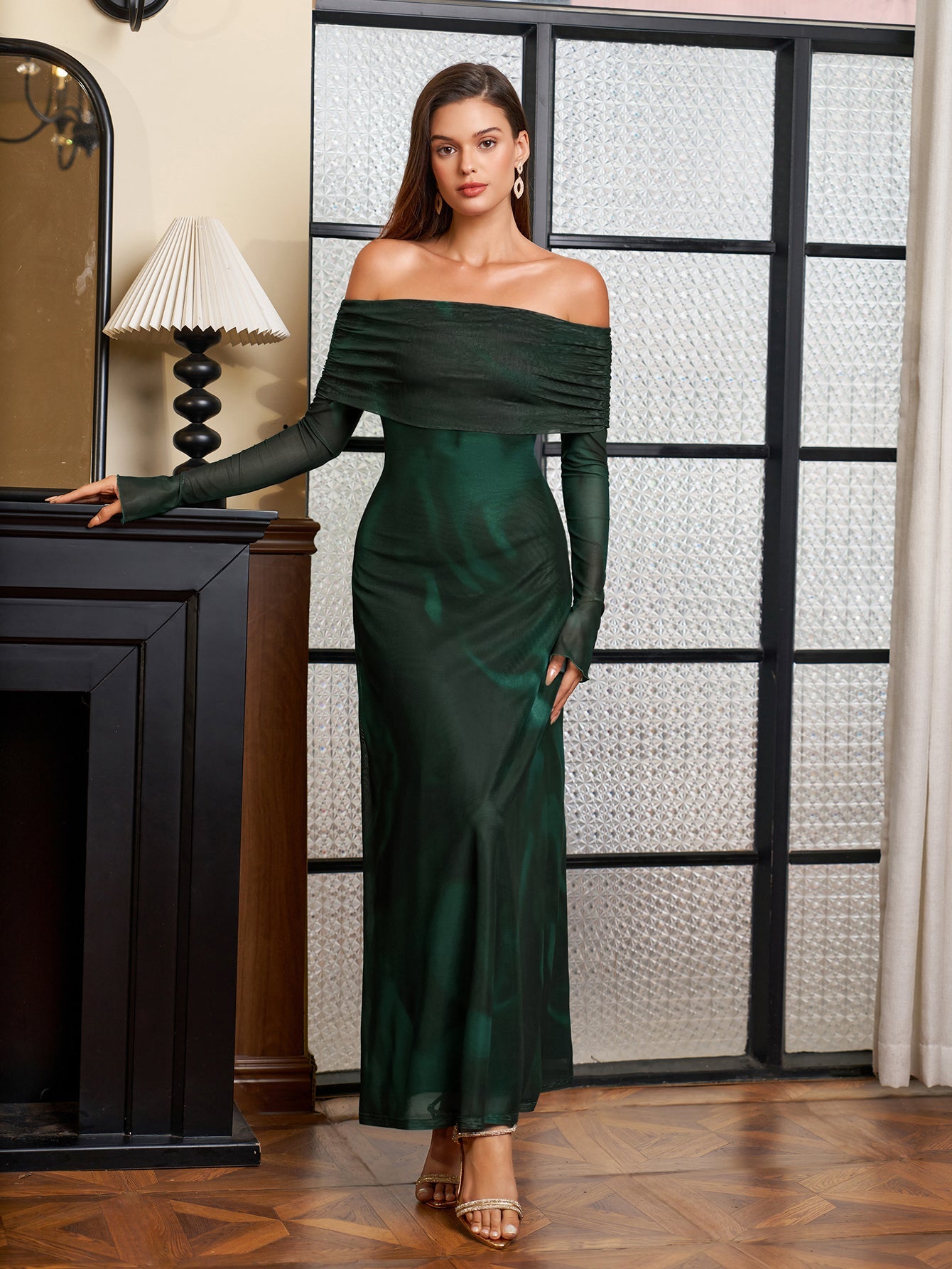 Flounce Sleeve Off Shoulder Mesh Bodycon Dress