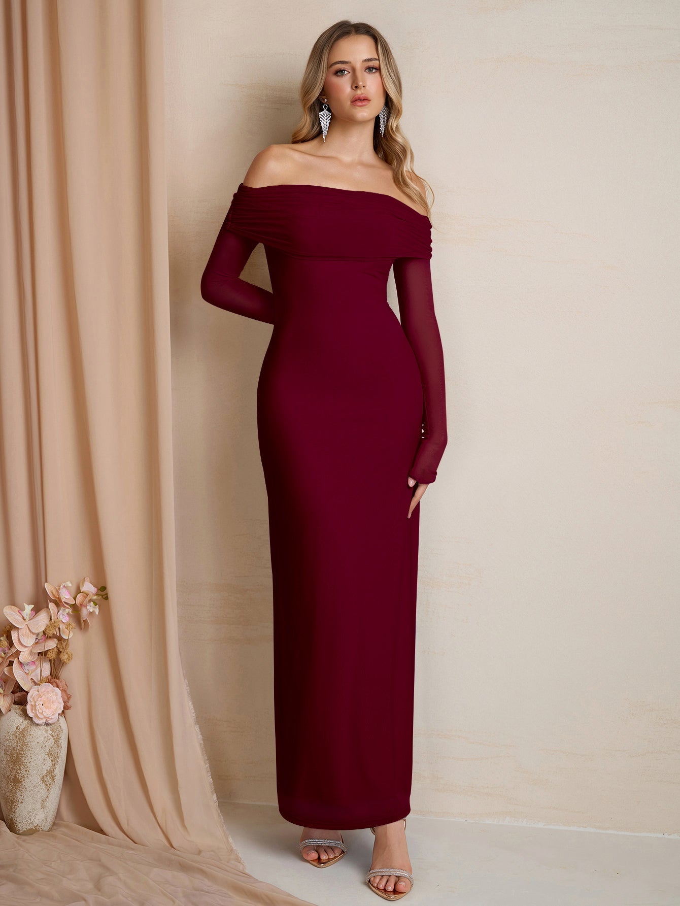 Flounce Sleeve Off Shoulder Mesh Bodycon Dress