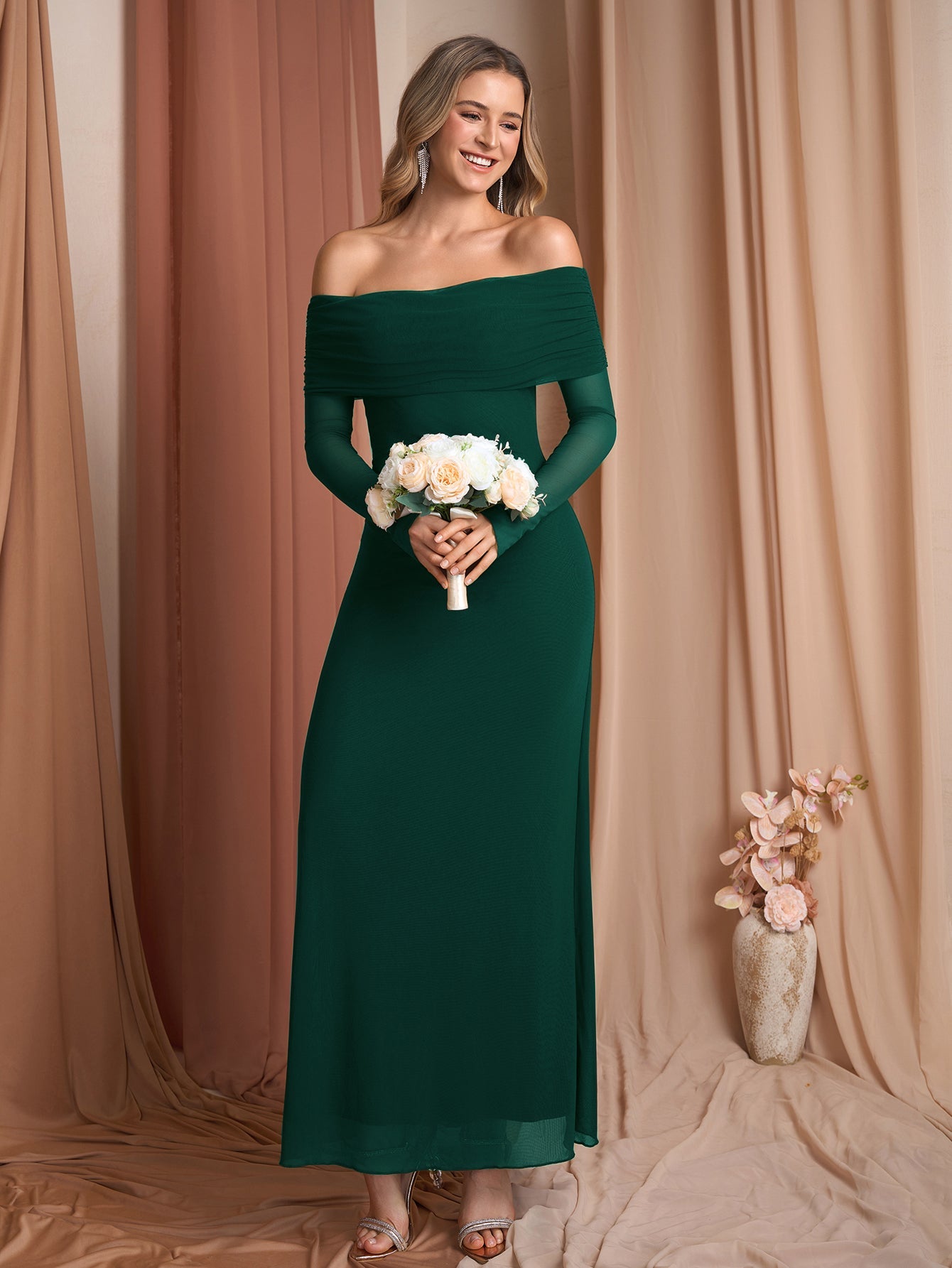 Flounce Sleeve Off Shoulder Mesh Bodycon Dress