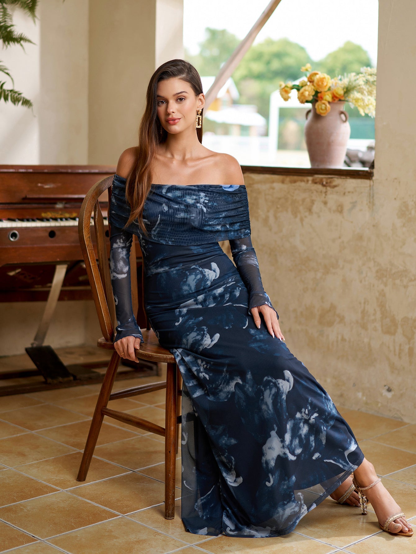 Flounce Sleeve Off Shoulder Mesh Bodycon Dress