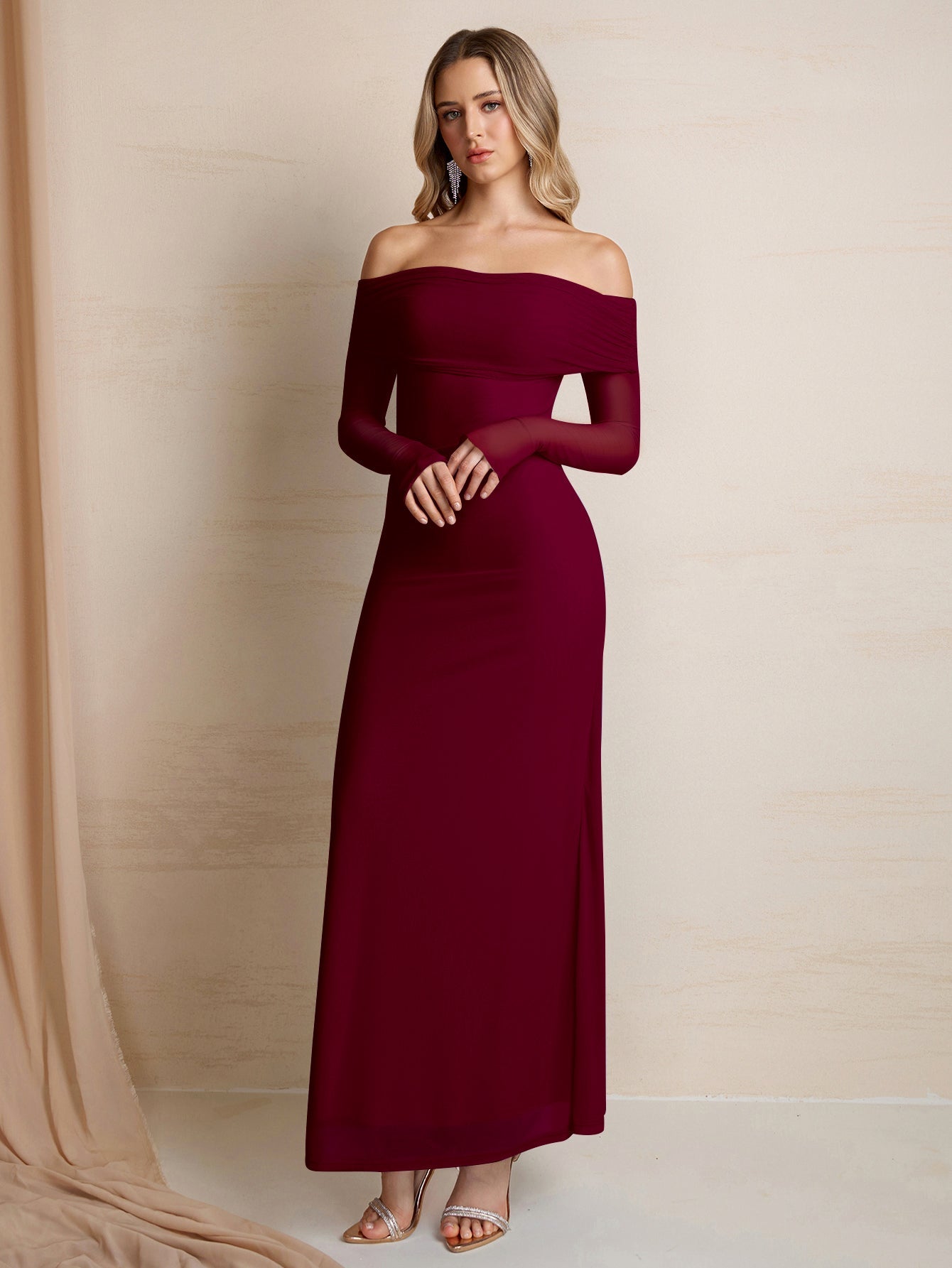 Flounce Sleeve Off Shoulder Mesh Bodycon Dress