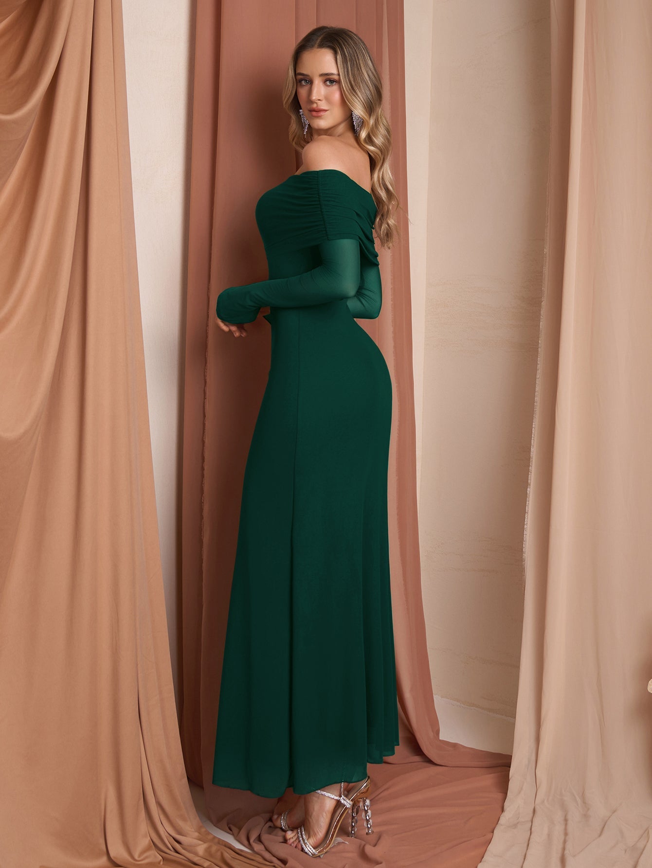Flounce Sleeve Off Shoulder Mesh Bodycon Dress