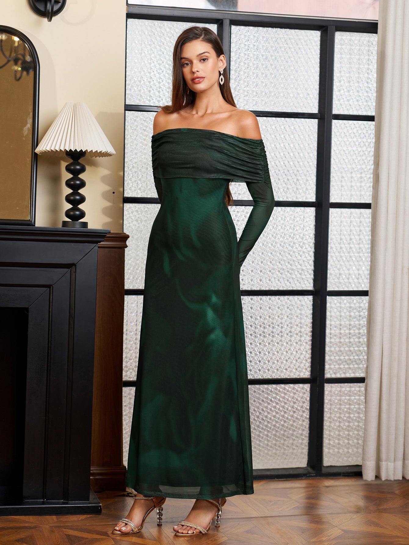 Flounce Sleeve Off Shoulder Mesh Bodycon Dress