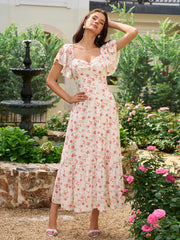 Flounce Sleeve Ruched Backless Floral Print Dress