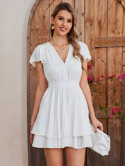 Fly Sleeve Ruched Waist Pleated Mini Dress
