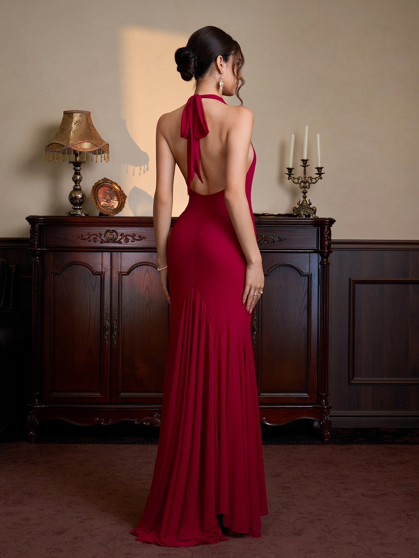 Halter Asymmetrical Hem Bodycon Solid Mesh Dress