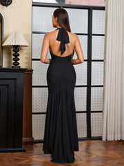 Halter Asymmetrical Hem Bodycon Solid Mesh Dress