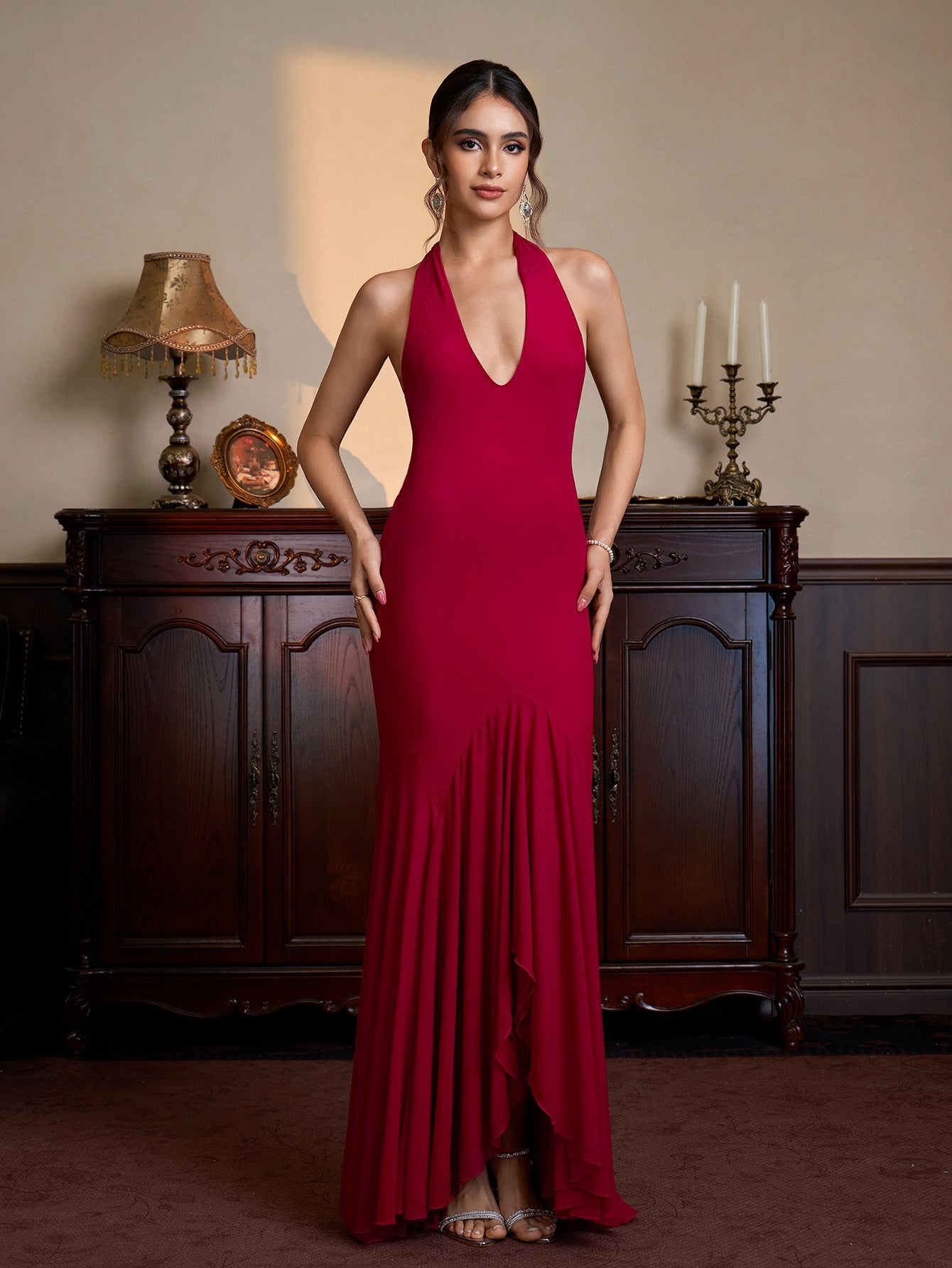 Halter Asymmetrical Hem Bodycon Solid Mesh Dress