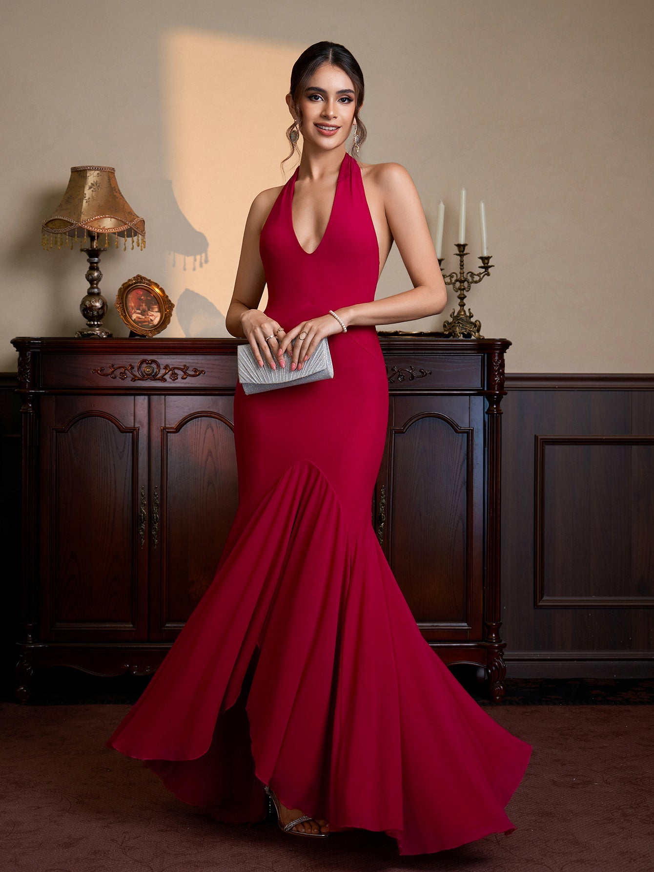 Halter Asymmetrical Hem Bodycon Solid Mesh Dress