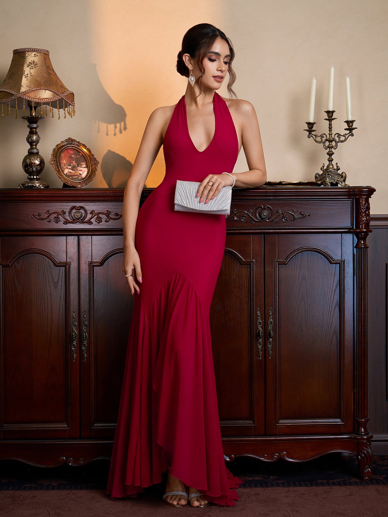 Halter Asymmetrical Hem Bodycon Solid Mesh Dress