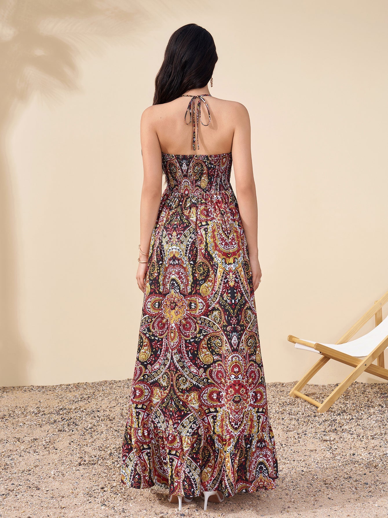 Halter Backless Cut Out Ruched Floral Print Dress