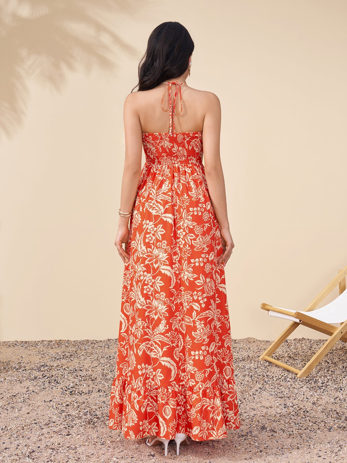 Halter Backless Cut Out Ruched Floral Print Dress
