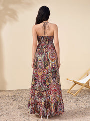 Halter Backless Cut Out Ruched Floral Print Dress