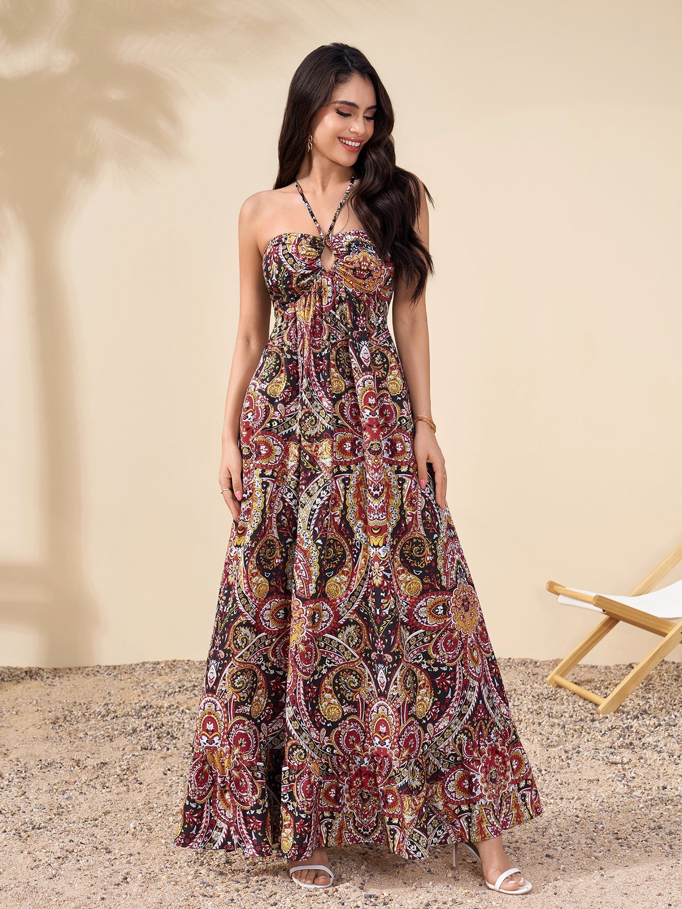 Halter Backless Cut Out Ruched Floral Print Dress