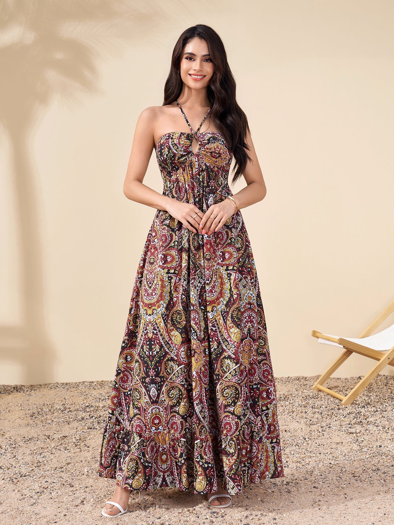 Halter Backless Cut Out Ruched Floral Print Dress