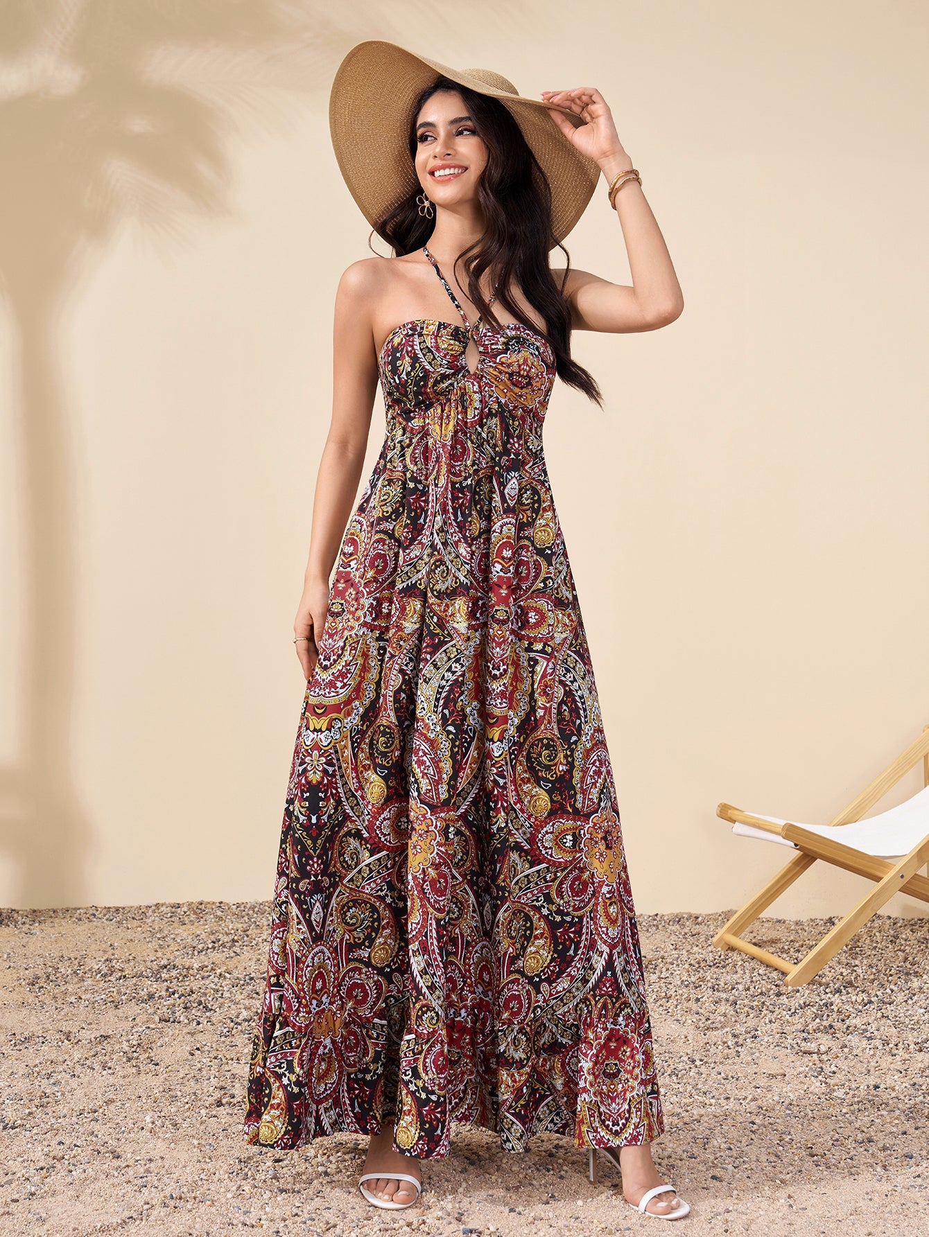 Halter Backless Cut Out Ruched Floral Print Dress