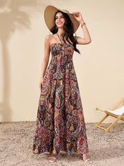 Halter Backless Cut Out Ruched Floral Print Dress