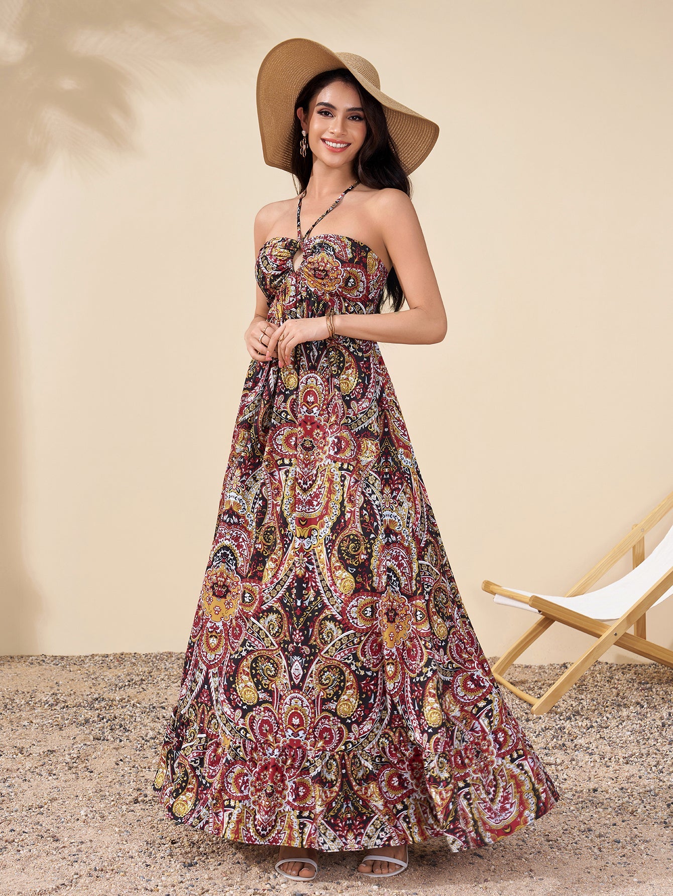 Halter Backless Cut Out Ruched Floral Print Dress