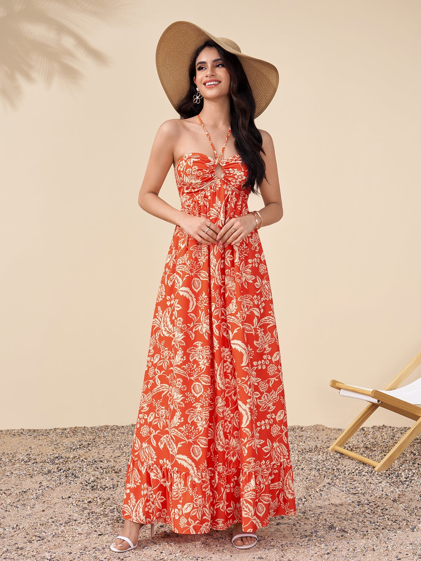 Halter Backless Cut Out Ruched Floral Print Dress