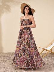 Halter Backless Cut Out Ruched Floral Print Dress
