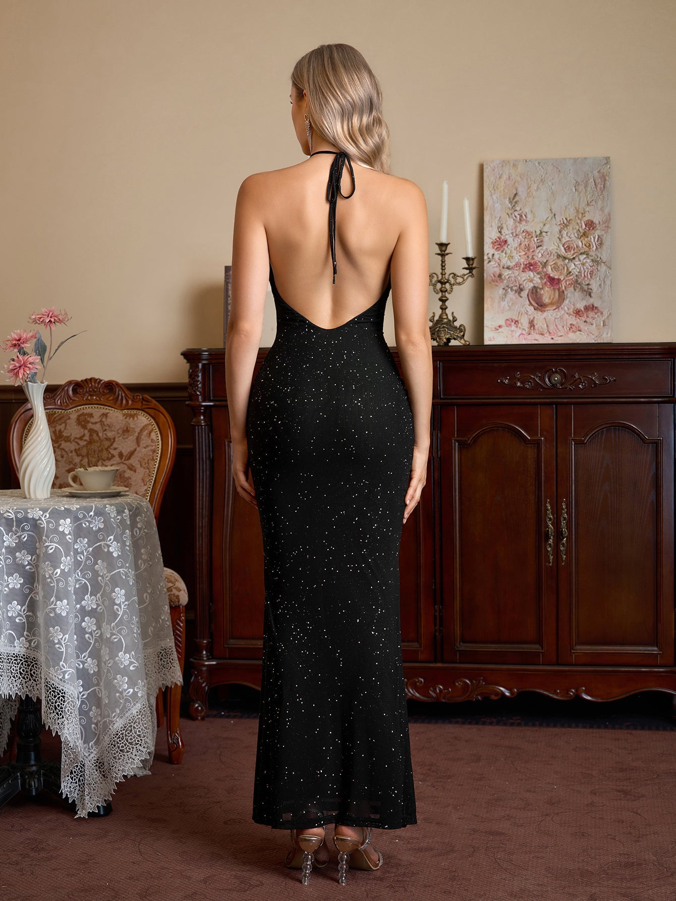 Halter Backless Mesh Sequin Bodycon Dress