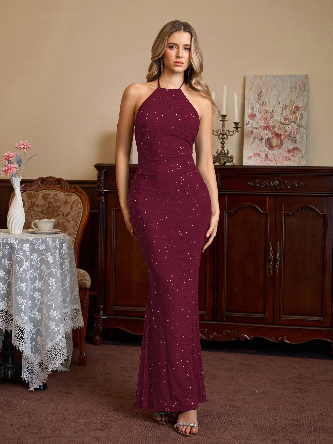 Halter Backless Mesh Sequin Bodycon Dress