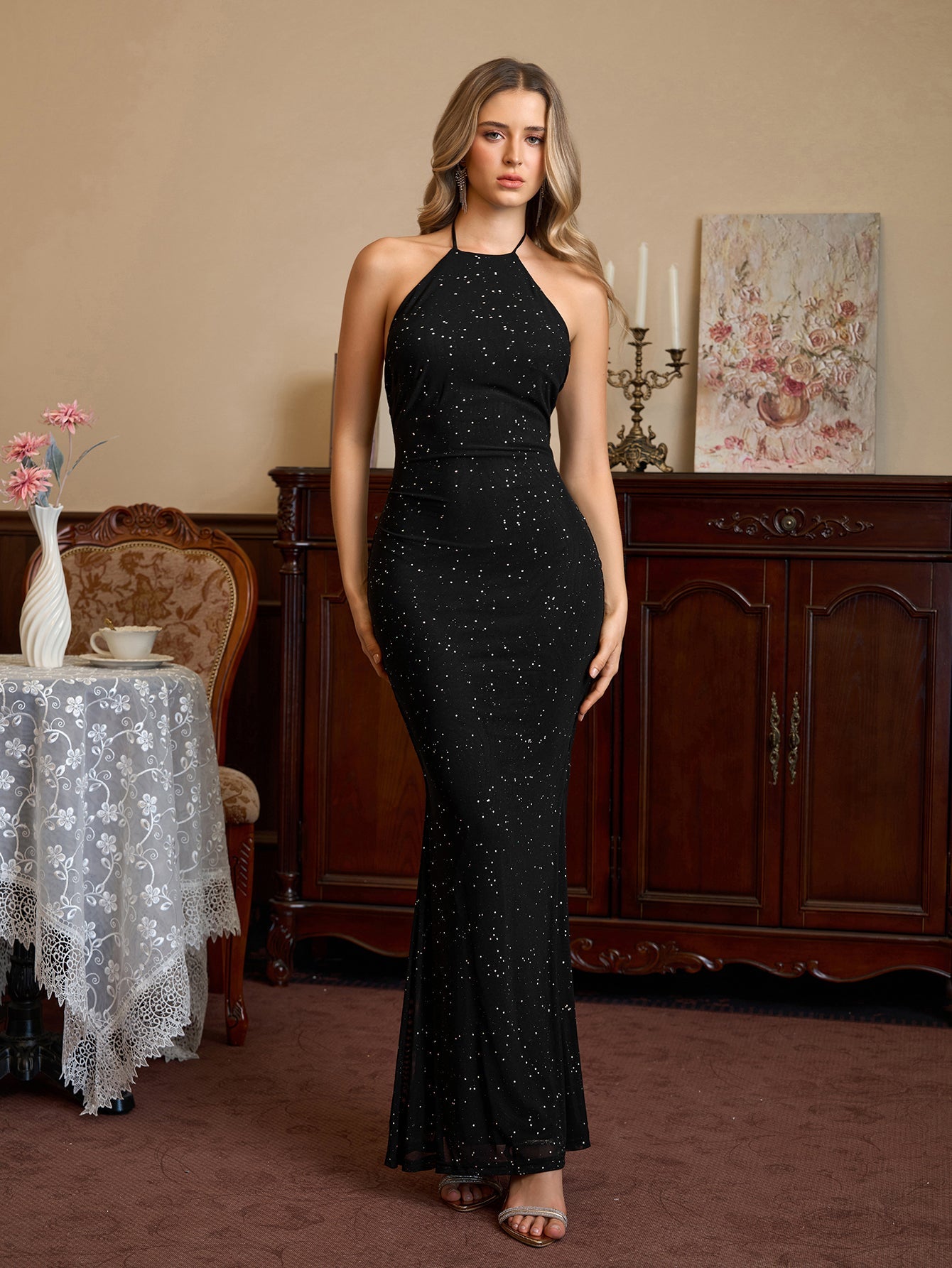 Halter Backless Mesh Sequin Bodycon Dress