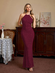 Halter Backless Mesh Sequin Bodycon Dress
