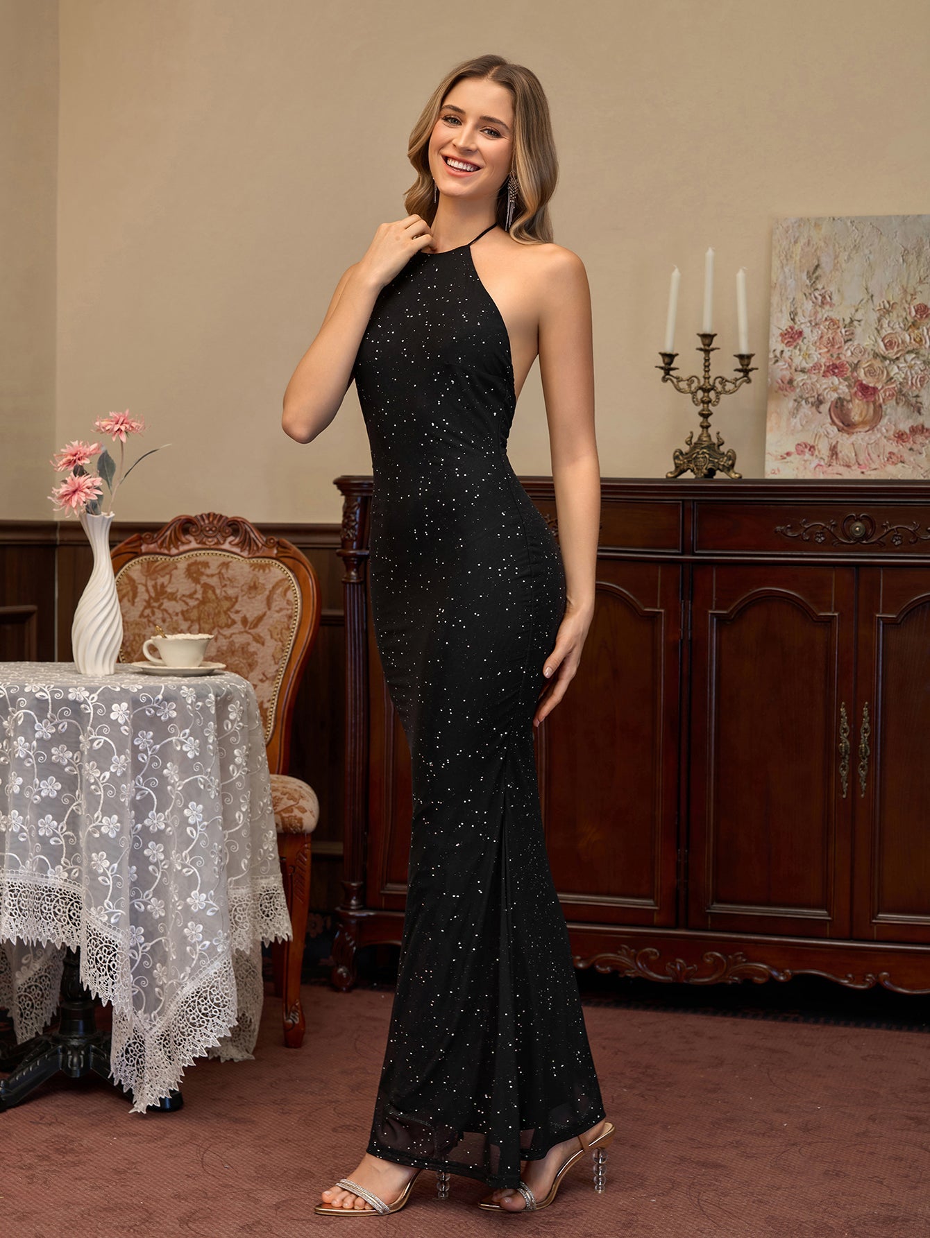 Halter Backless Mesh Sequin Bodycon Dress