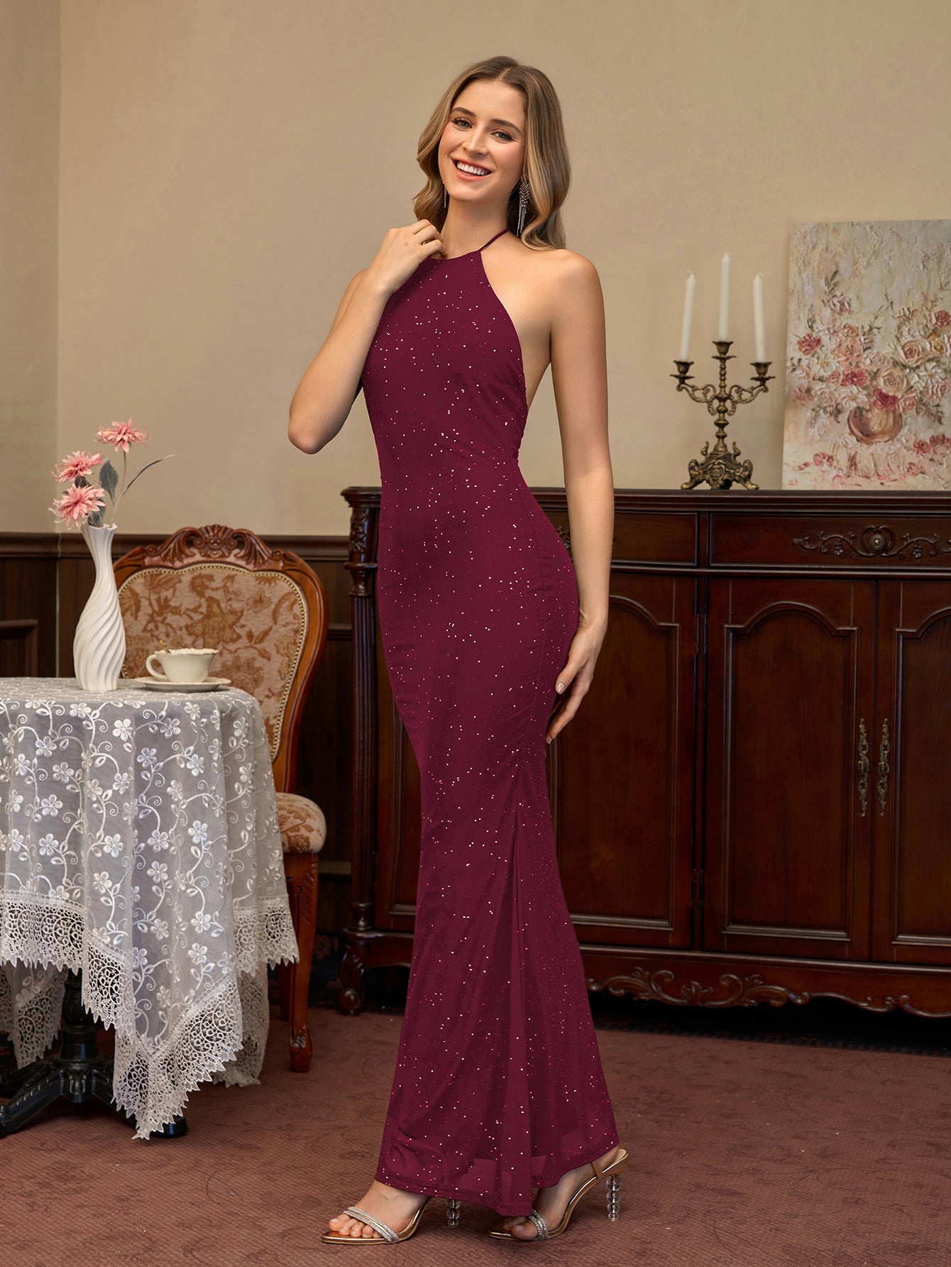 Halter Backless Mesh Sequin Bodycon Dress