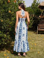 Halter Backless Ruched Ruffle Hem Maxi Dress