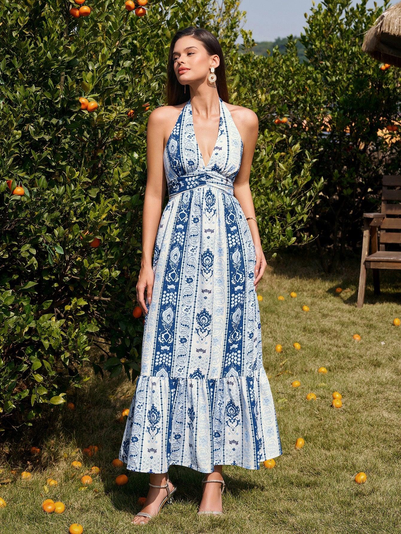 Halter Backless Ruched Ruffle Hem Maxi Dress