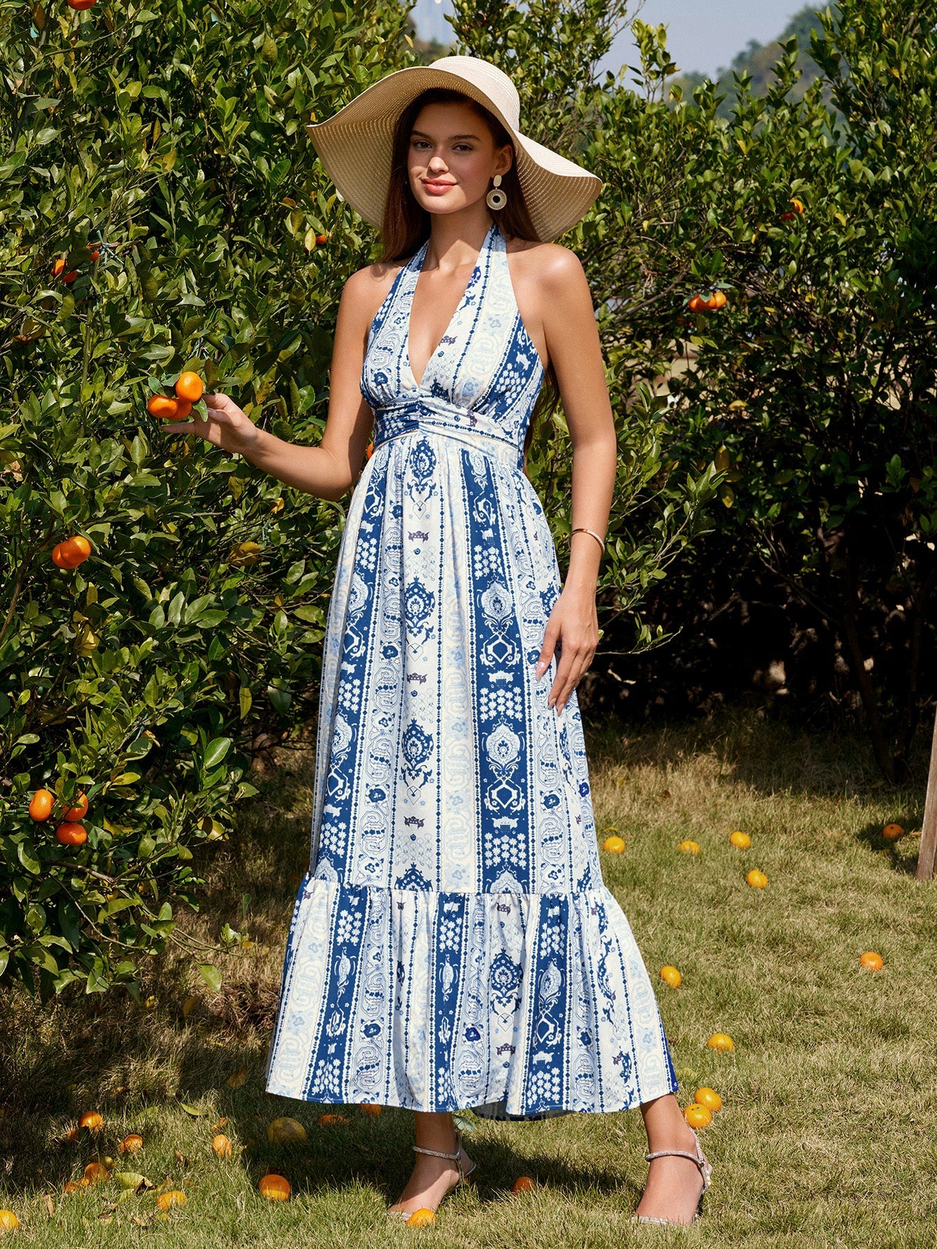 Halter Backless Ruched Ruffle Hem Maxi Dress