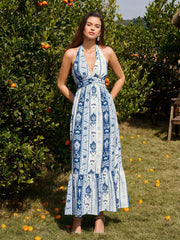 Halter Backless Ruched Ruffle Hem Maxi Dress