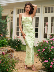 Halter Crisscross Tie Back Ruched Floral Print Mermaid Dress