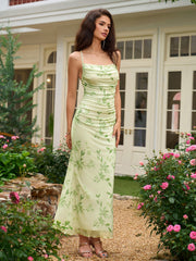 Halter Crisscross Tie Back Ruched Floral Print Mermaid Dress