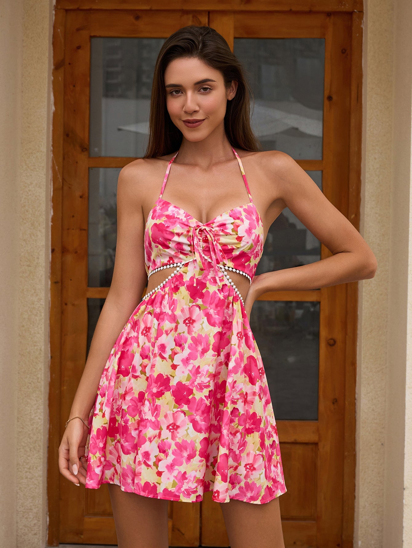 Halter Cut Out Ruched Tie Front Floral Print Dress