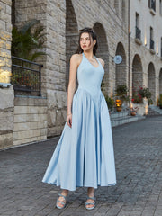 Halter Deep V-Neck Ruched Waist Solid Dress