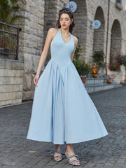 Halter Deep V-Neck Ruched Waist Solid Dress