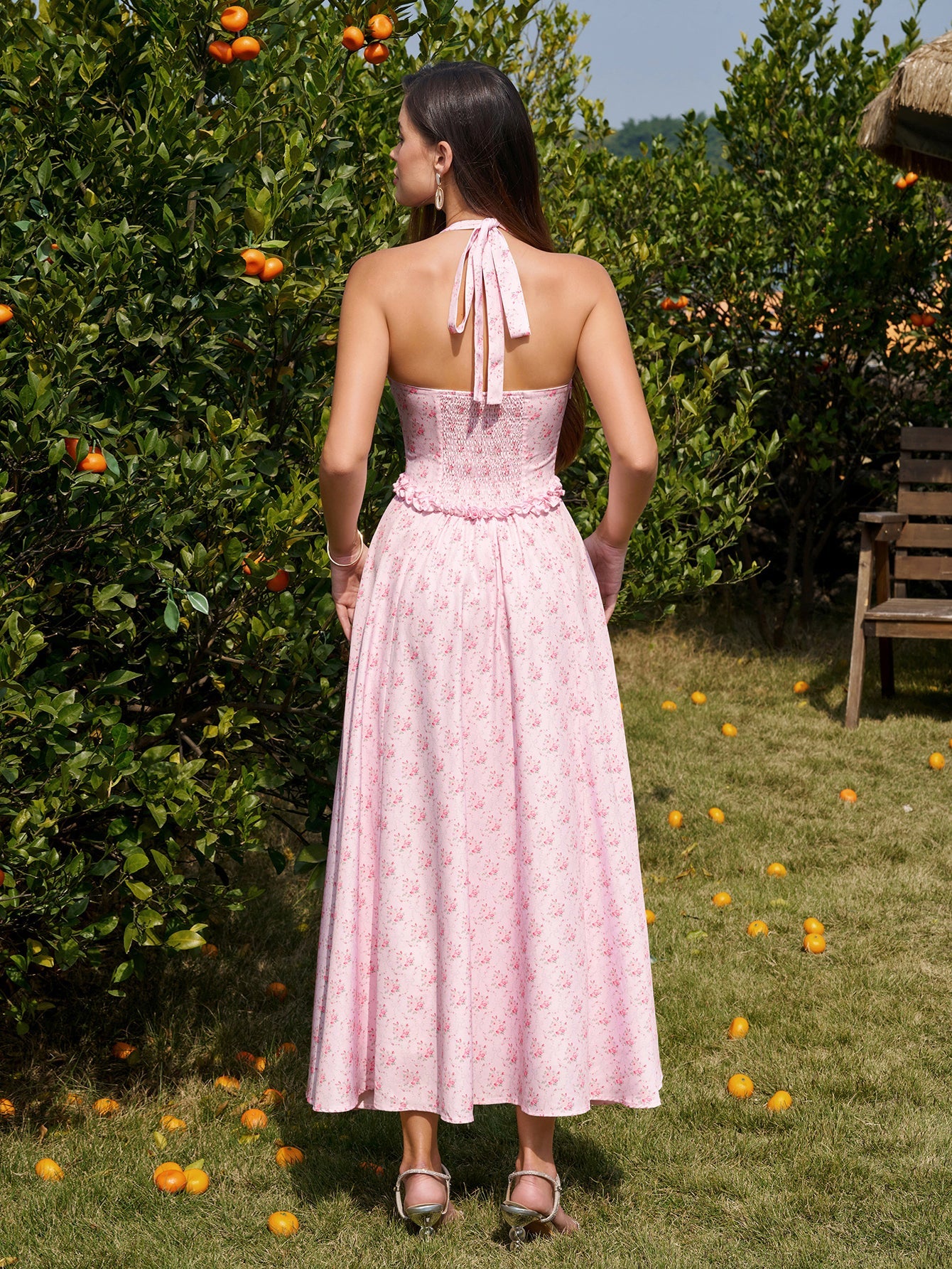 Halter Embellished Button Ruched Maxi Dress