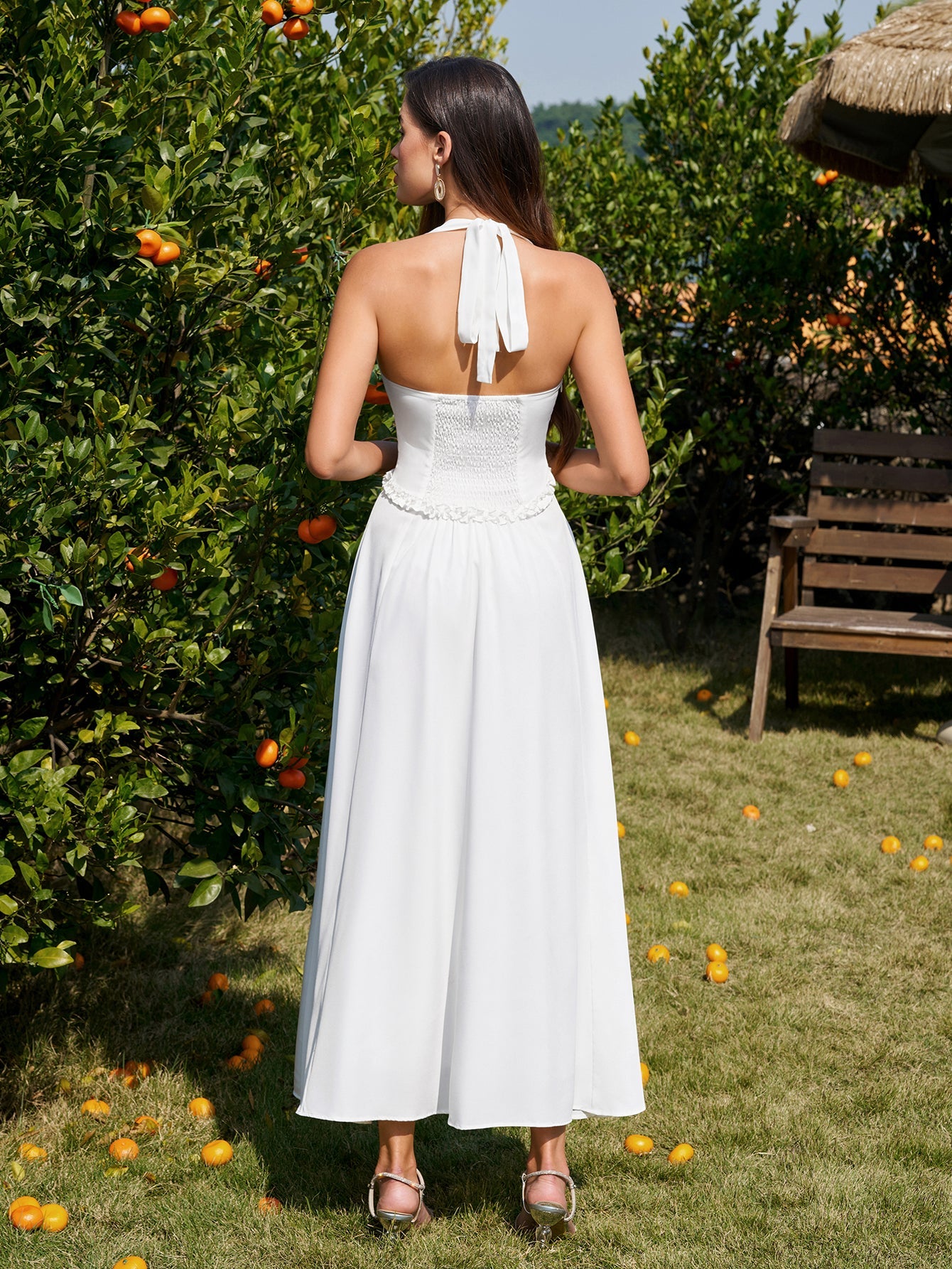 Halter Embellished Button Ruched Maxi Dress