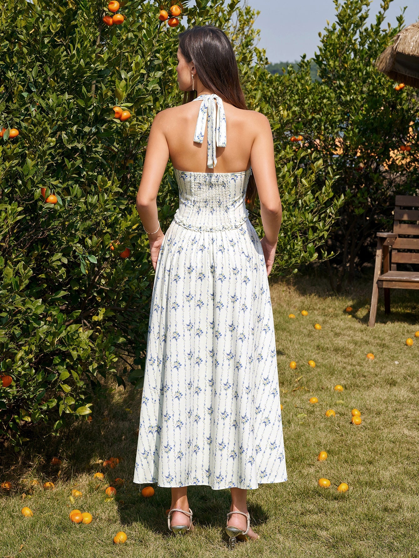 Halter Embellished Button Ruched Maxi Dress