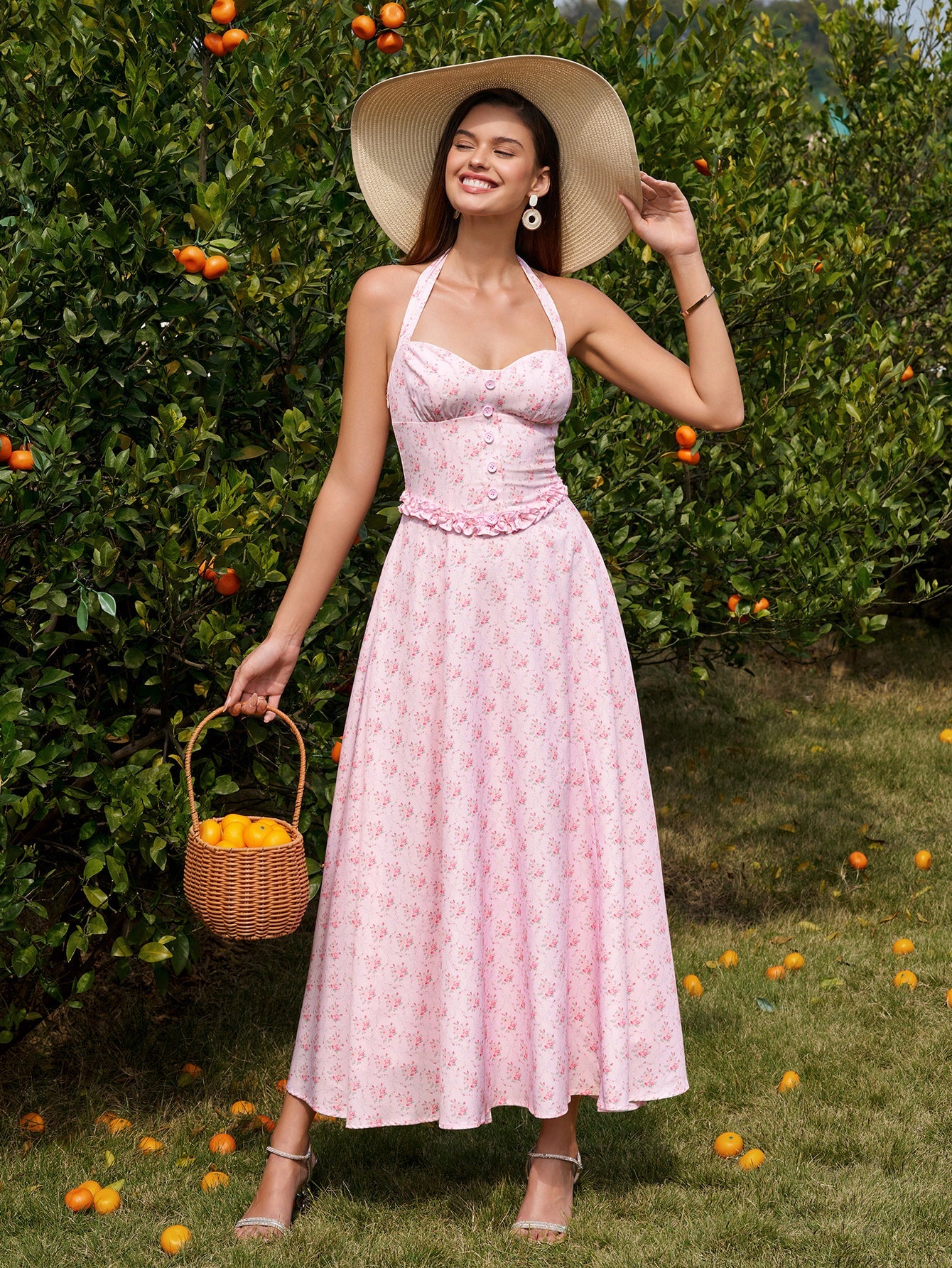 Halter Embellished Button Ruched Maxi Dress
