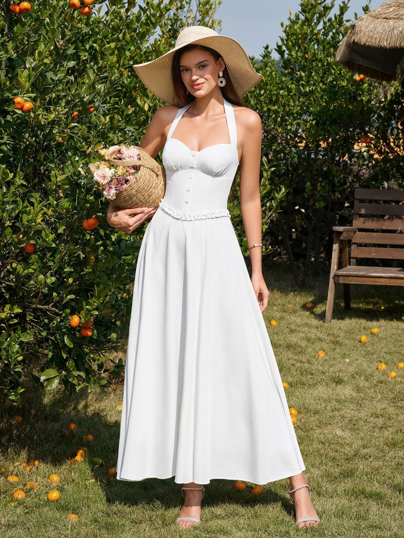 Halter Embellished Button Ruched Maxi Dress
