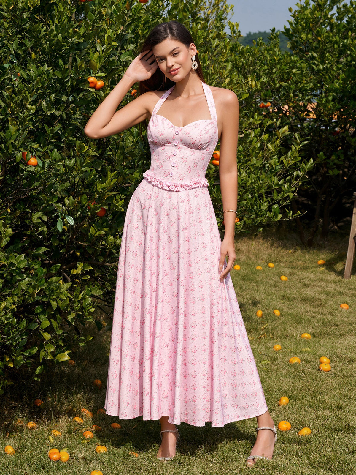 Halter Embellished Button Ruched Maxi Dress