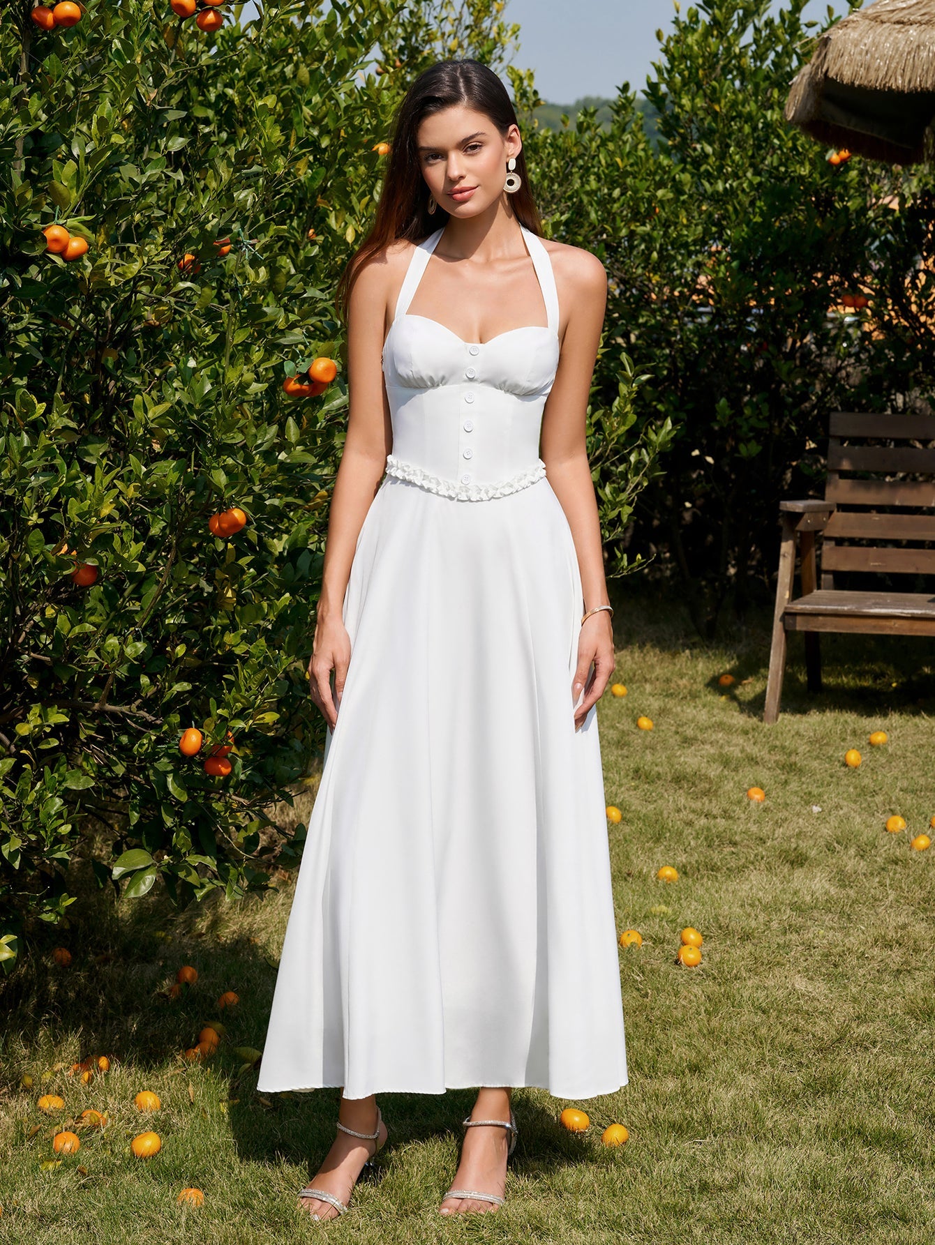 Halter Embellished Button Ruched Maxi Dress